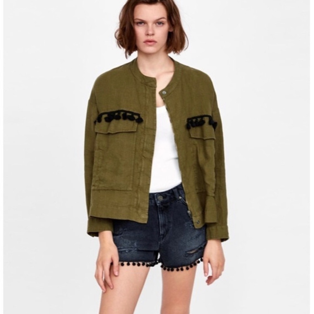 Zara army green linen tassel jacket sz L NWT